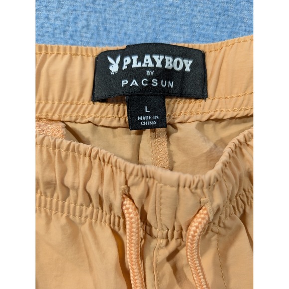 Playboy by PacSun Mens Nylon Shorts Peach Tan Bunny Logo Size L 6 Inch Inseam - Picture 3 of 9